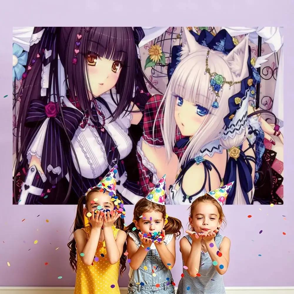 Anime Girl Cat Ear Maid Kawaii Banner Background Super Scene Decoration Banner Backdrop baby shower