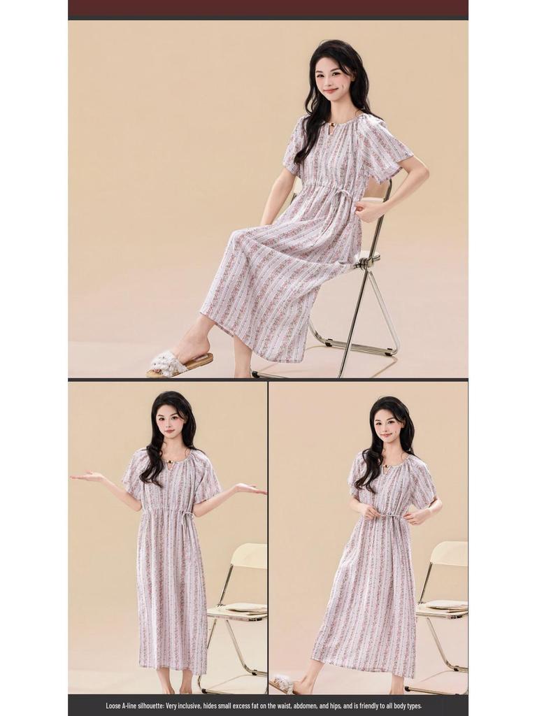 Korean Floral Lyocell-Cotton Silk Nightgown with Drawstring Waist and Short Sleeves