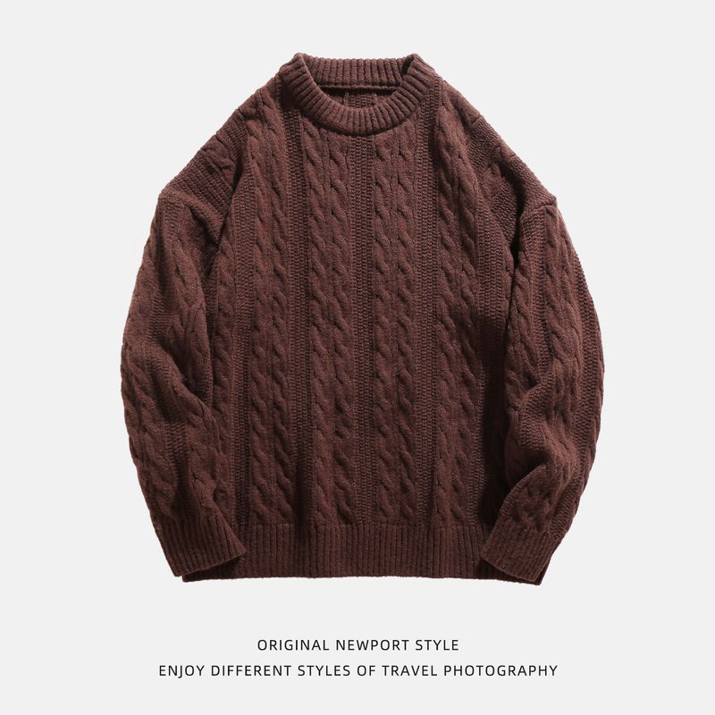 Lazy Style Cable Knit White Crew Neck Sweater for Men 2025 Autumn and Winter Vintage Loose Casual Knitwear Jacket