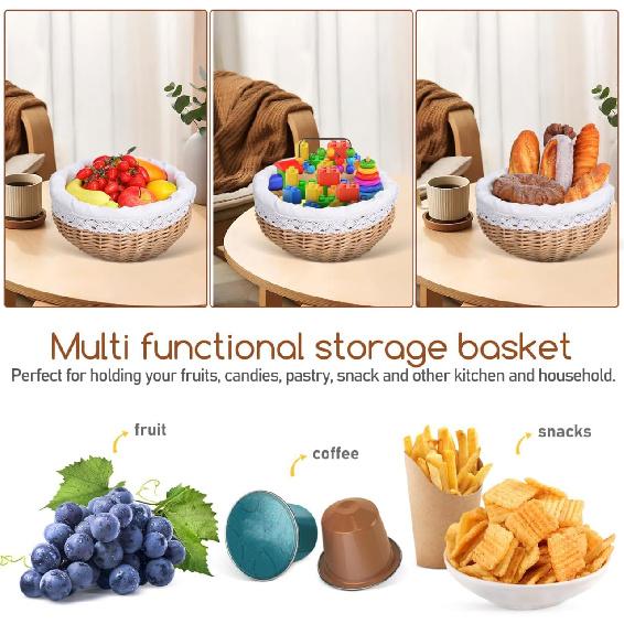 

Rattan Bread Basket With Lid, Hand-Woven Wicker Food Storage Basket with Removable Liner and Cover for Tabletop Serving Picnic Multi-Purpose Bread