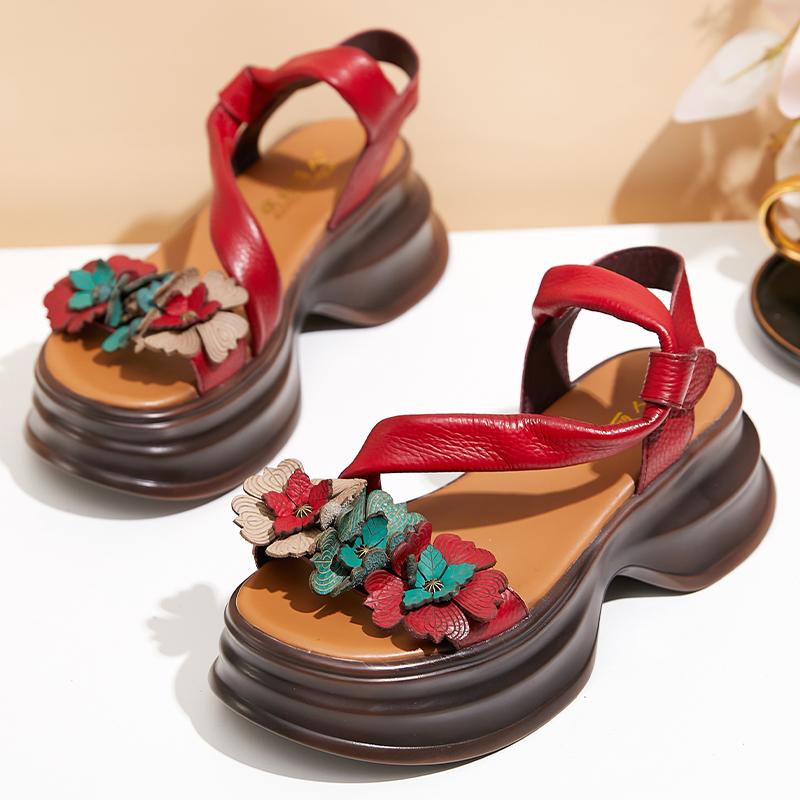 

Модные женские сандалии GKTINOO из натуральной кожи 2025 Новые летние женские туфли Ремешок с пряжкой Ретро танкетка Повседневные сандалии на платформе для женщин 9