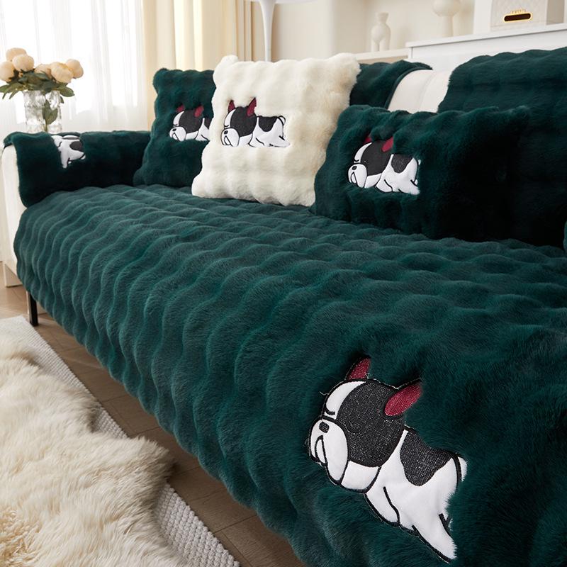 Large Rabbit Fur Plush Sofa Cushion - Winter 2025 Fleece Lined, Thickened, Non-Slip Leather Cover