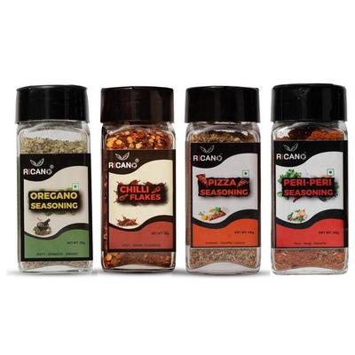 Ricano | Orégano, Copos de Chile, Peri-Peri, Condimento para Pizza | Paquete Combinado de Especias Variedad de 4 Sabores | Ideal para Pasta, Pizza, Aperitivos | 20g-35g-45g-50g