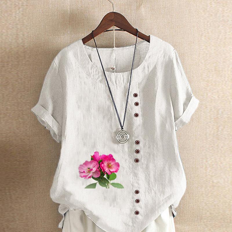 Women's Fashion Flowers Prined Round Neck Short Sleeve T-shirt Casual Cotton Linen Graphic Shirt Leisure Loose Summer Blouse Tops