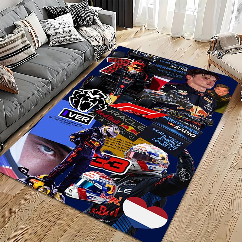 Sports Area Rug, Max Verstappen Red Bull 33 Radio Collage Blue Background Cars Helmets Print, Garage Decor, Non-Slip Mat