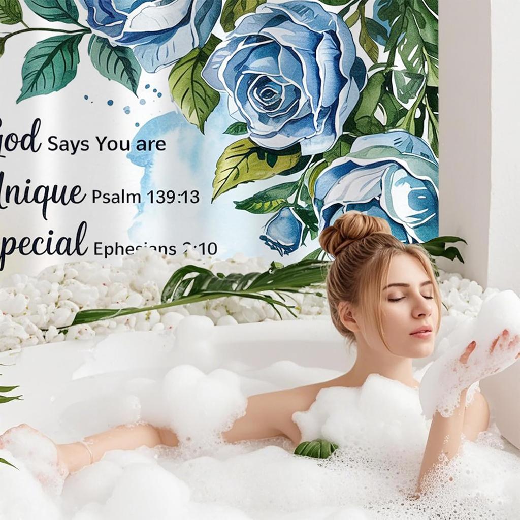 Bible Verse Inspirational Quote Shower Curtain,Blue Floral Christian Bathroom Shower Curtains Bathtub Home Decor Waterproof Fabr