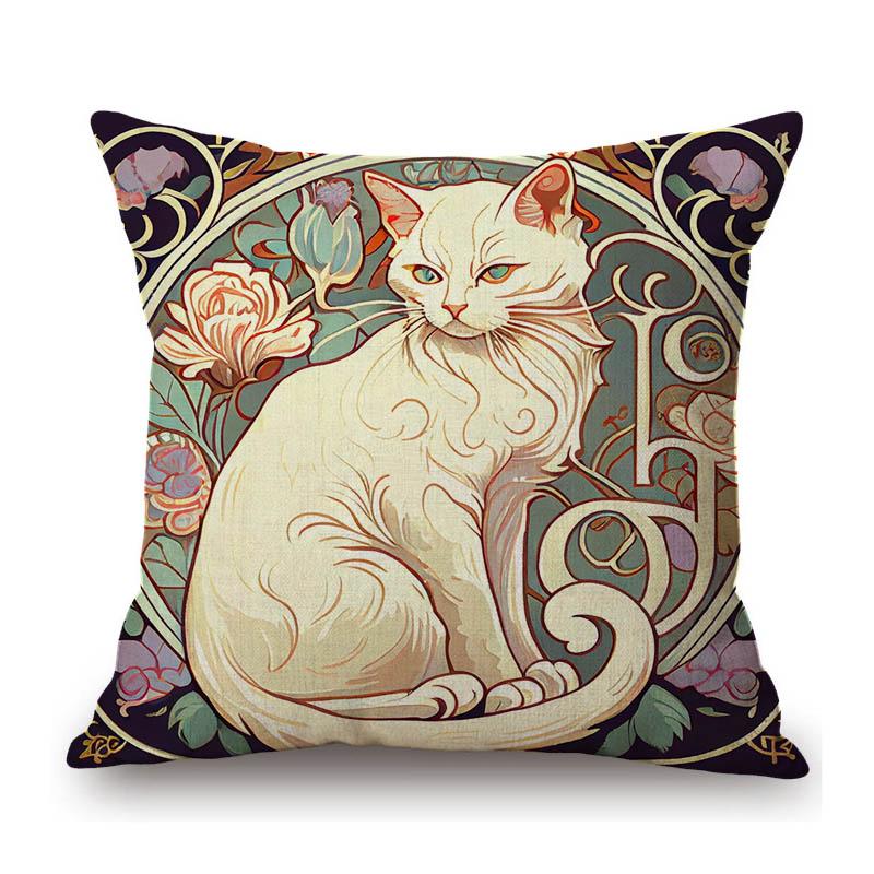 Black White Cat Nouveau Art Floral Background Mucha Style Retro Cotton Linen Sofa Throw Pillow Case Home Decor Cushion Cover
