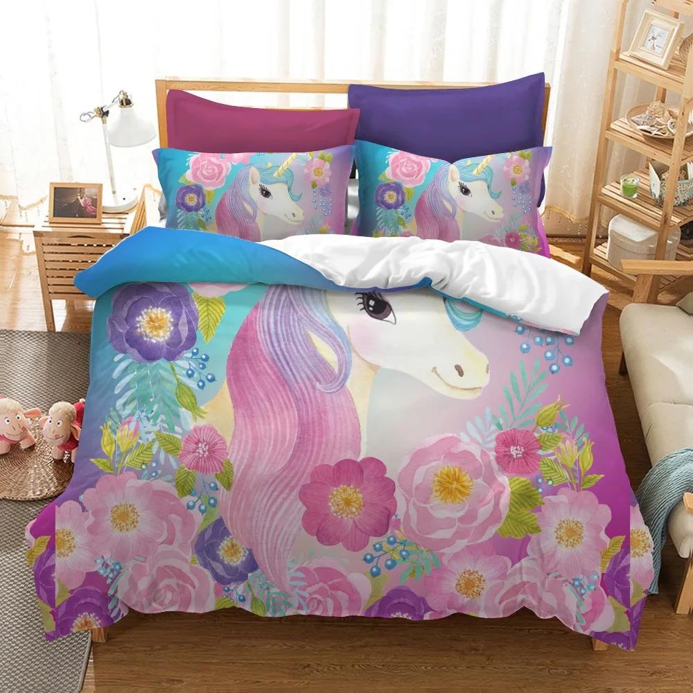 Children Kids Carton Unicorn Olive branch 3D Print Beding Set Single Soft Duvet Cover featuring Pilow Cases Pink Purple Fantasy Series 150x20