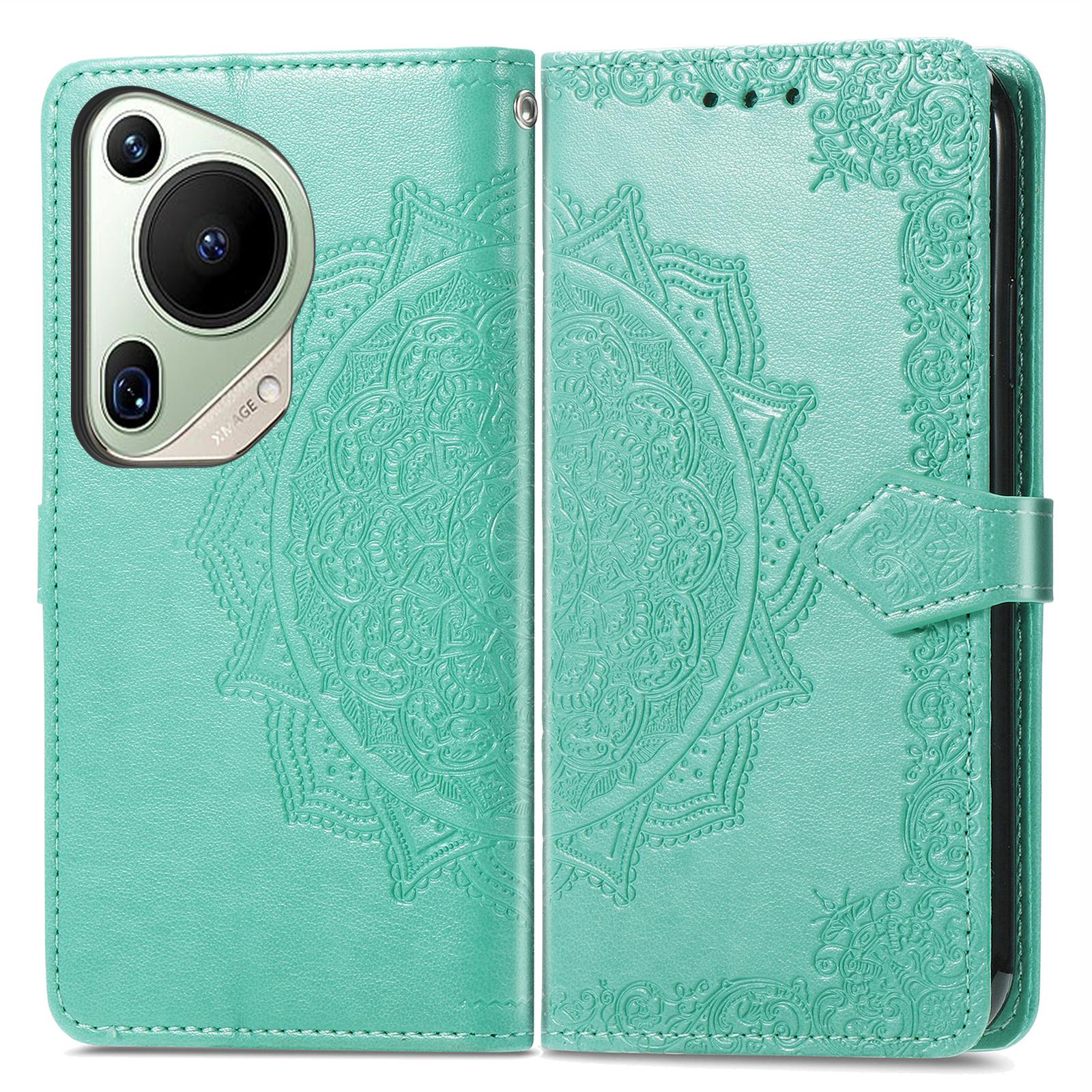 

For Huawei Pura 70 Ultra Case PU Leather Mandala Flower Phone Cover with Strap Green