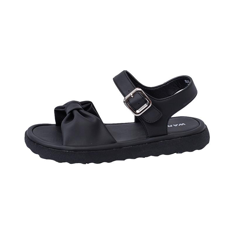 Bow sandals flat-soled women's solid color one-word temperament casual shoes literary and high-value beach shoes