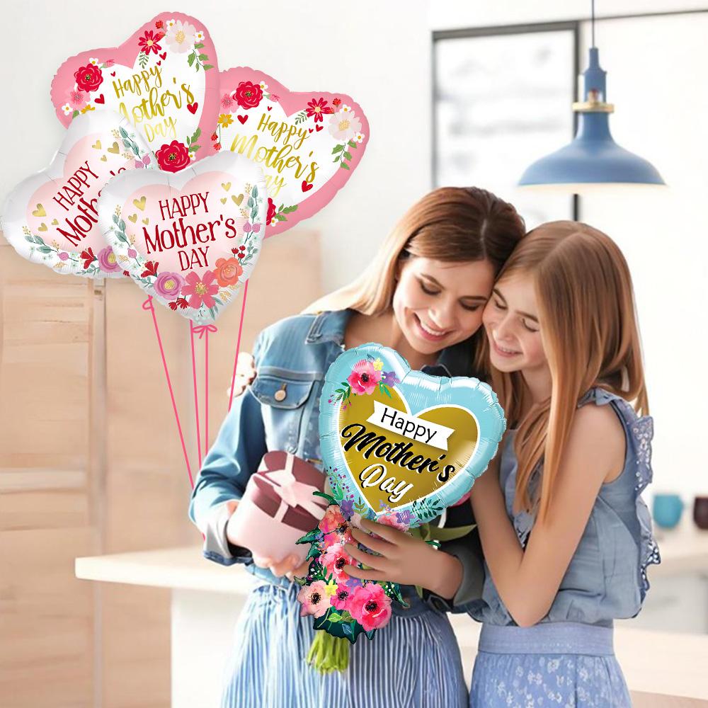 7Pcs Mother's Day Foil Balloon Set, Large Floral Heart Mylar Balloons, "Happy Mother's Day" Bouquet Decorations for Mom's Birthday