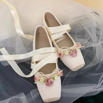 Damskie Buty Wzór Kwiatowy Kwadratowy Nosek Jednokolorowe Miękka Podeszwa Baleriny Modne Płytkie Wcięcie Jednokolorowe Buty Zapatos De Mujer