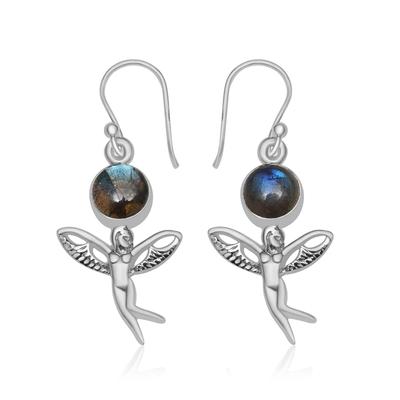 Natürlicher Labradorit-Edelstein, 925er-Sterlingsilber, fliegender Winkel-Tropfenohrring für Frauen und Mädchen