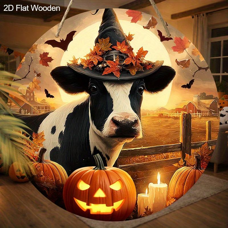 Wooden Halloween Sign with Cow & Pumpkin Pattern - Unique Figurine Ornaments - Ideal for Front Door, Farm, Porch Decor