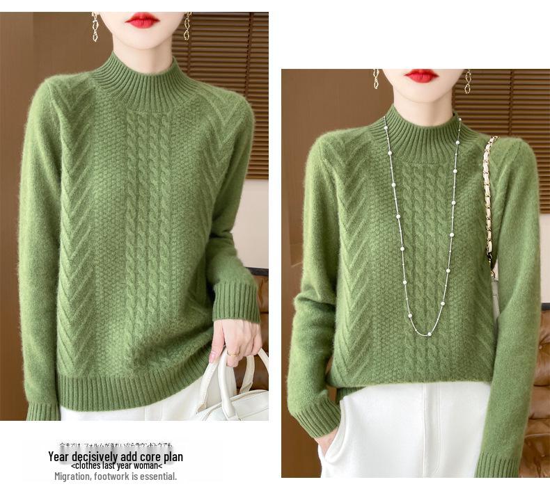 2024 Women's Thick Wool Cable Knit Half-High Neck Pullover Sweater for Autumn and Winter.