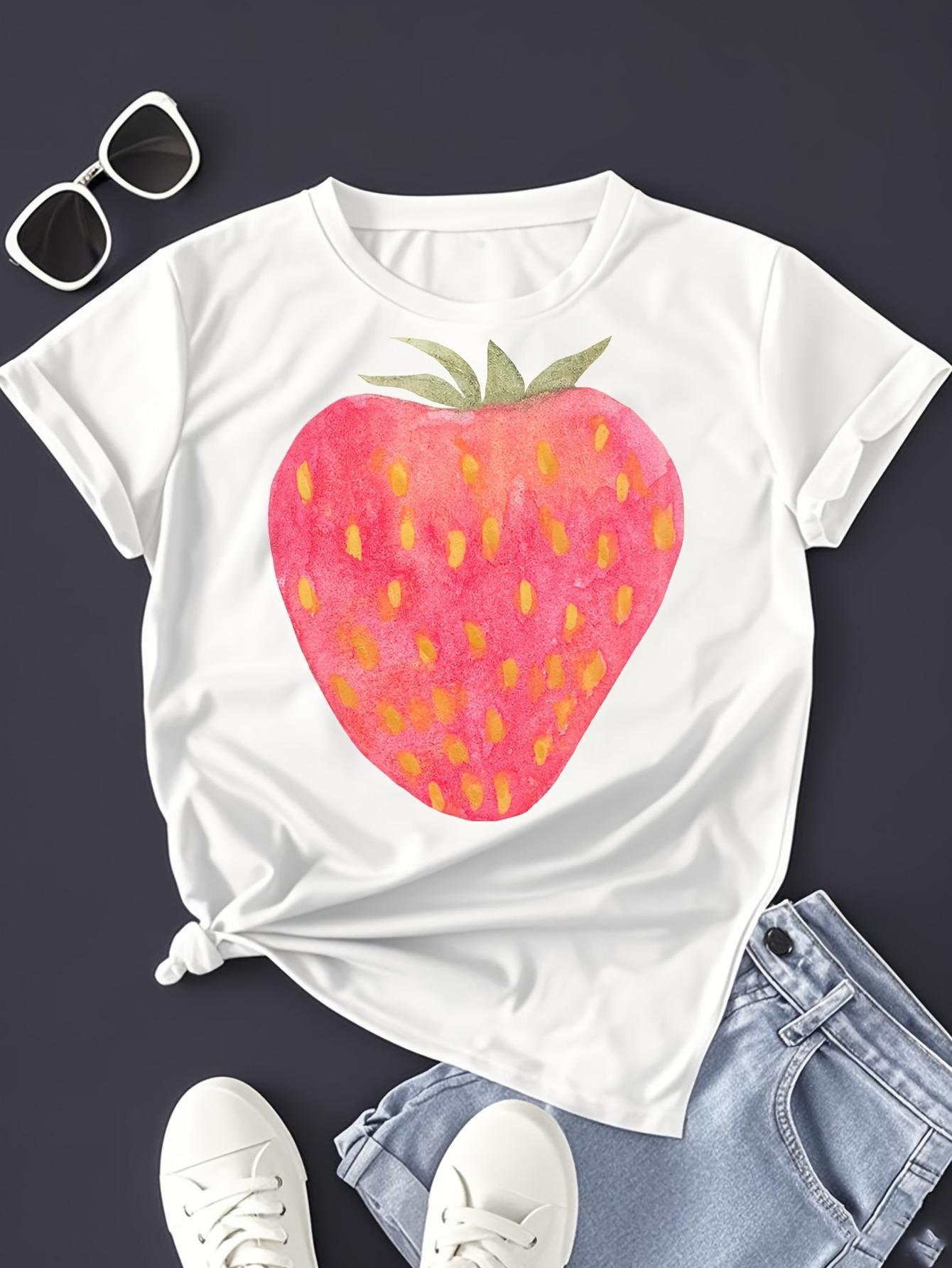 

Watercolor Strawberry Pattern Printed Summer Cute Womens Tshirt Short Sleeve Top Round Neck Casual Summer Fashion Clothing S