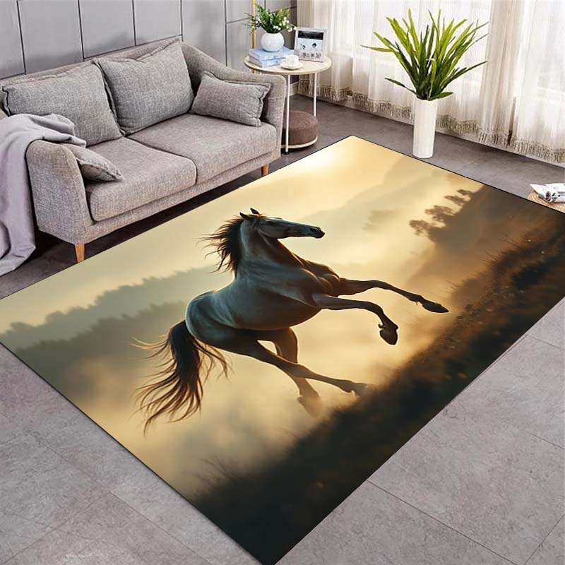 Wild Running Horses Sunset Grassland Print Area Rug Wildlife Animal Non‑Slip Rectangular Floor Mat Horse Lover Gaming Room Living Bedroom Decor Rug