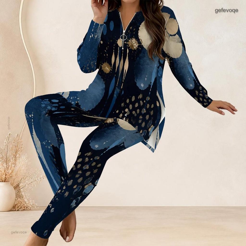 Women Plus Size Green Yellow Printed Half Zip Long Sleeve Top And Long Pants Two Piece Set