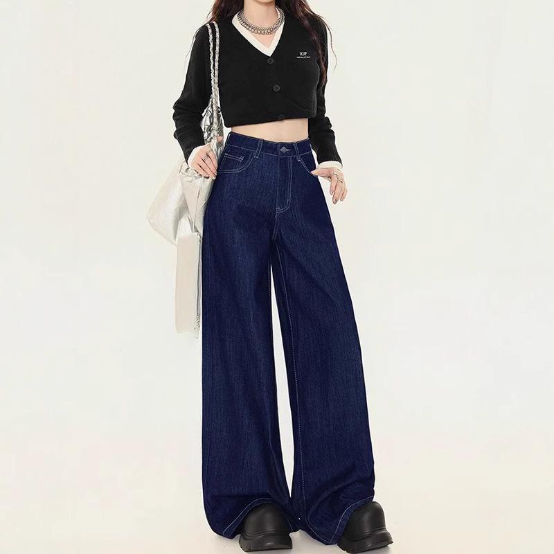 Damen Retro Dunkelblaue Weitbeinige High-Waist Jeans - Bodenlang Koreanischer Stil für Frühling & Herbst