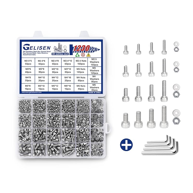 1230Pcs M2 M3 M4 M5 Silver Hex Socket Button Head Screws Nuts Washers Assortment Sets,10.9 Class Alloy Steel Screws Bolts Kit with 4 Allen Wrenches