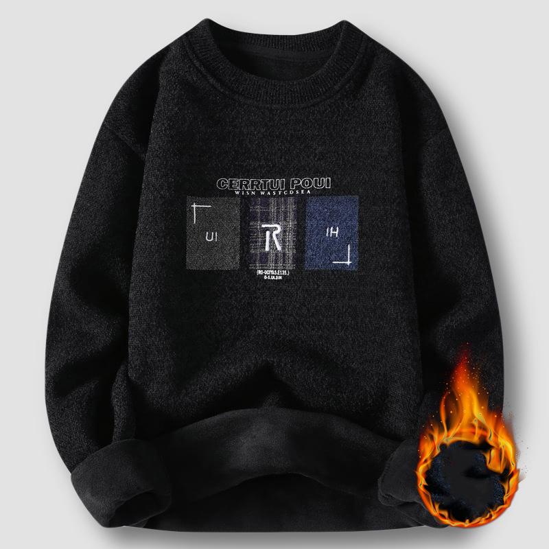 

Осень/Зима Новый мужской свитер с толстым бархатом для тепла Круглый вырез горловины Вышитые буквы Трикотажный внутренний чехол XL чёрный