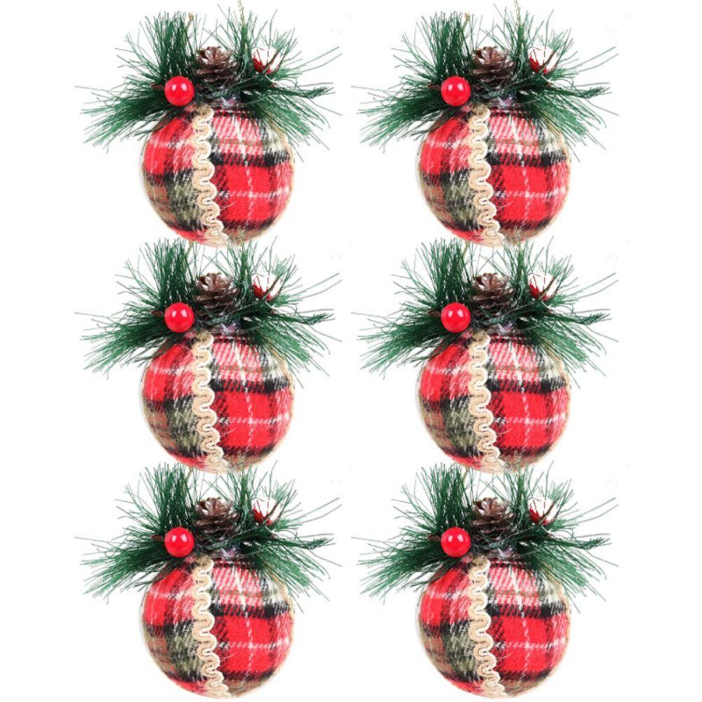 

6 шт. с ягодными листьями, рождественские обернутые тканью шары, красные и зеленые клетчатые тканевые подвески, Новый год C