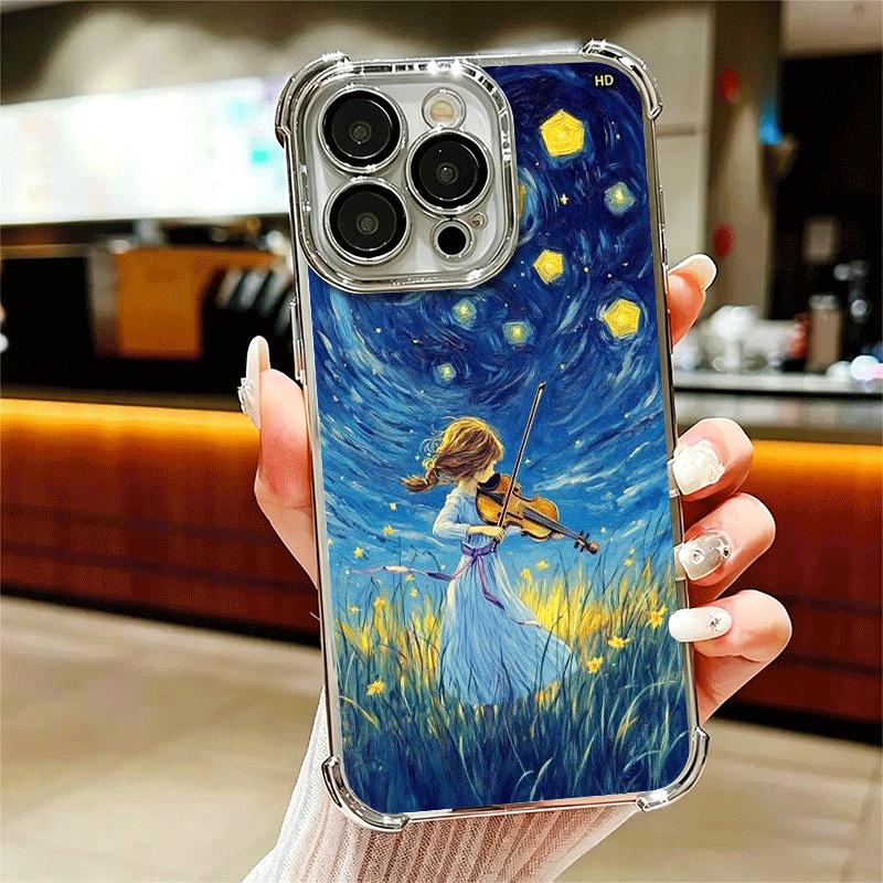 

Violin Music Plating Phone Case For Iphone 16 17 Pro Max Air 16E 14 15 Plus 12 13 Mini Anti-Fall Airabag Cover iPhone 14 ProMax