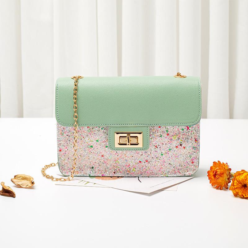 Spring and Summer Matte Sequin Lock Buckle Contrasting Color Chain Small Square Bag Single Shoulder Oblique Span Candy Color Women's Bag