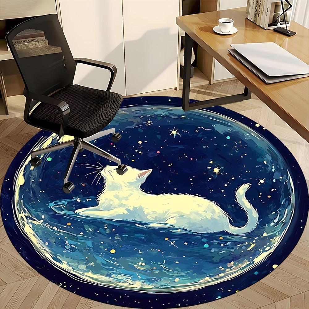 1PC Galaxy Cat Office Round Area Rug, Mat Suitable For Office, Under Office Chairs Bedroom Living Room Home Decor, Room Deco
