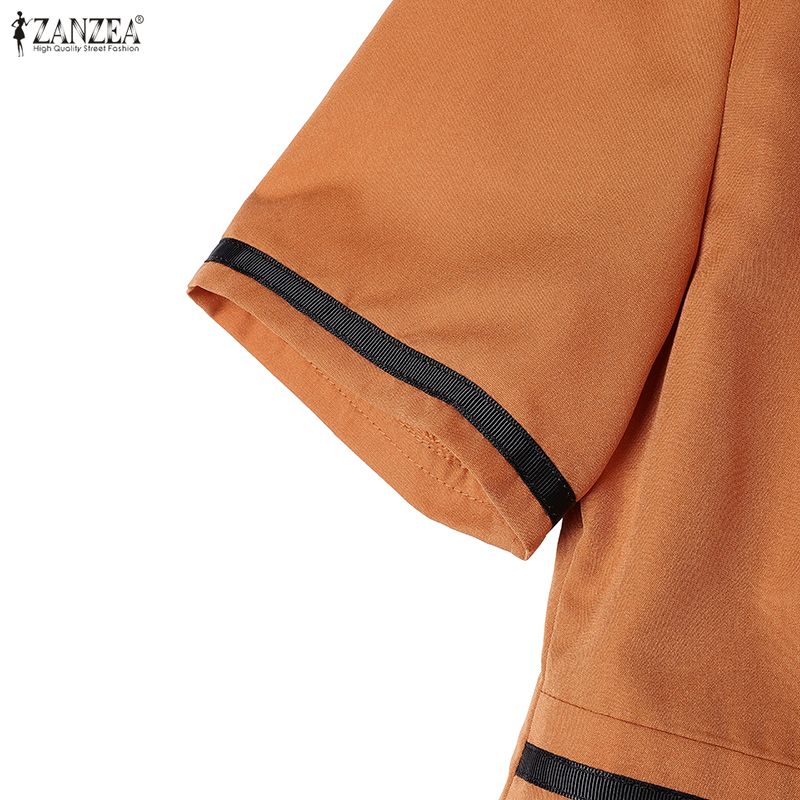 ZANZEA Women Casual Turn Down Collar Solid Color Short Sleeve Elegant Dress