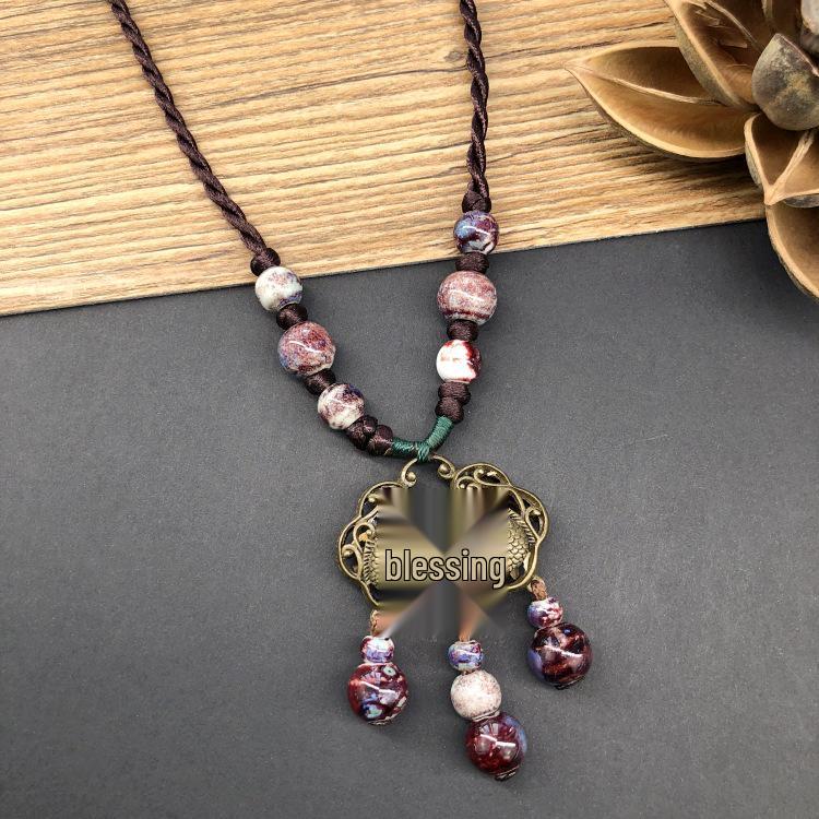 Retro Artistic Cotton-Linen Ceramic Necklace with Tassel Pendant for Women, Ethnic Forest Style, Versatile Long Sweater Chain Accessories.