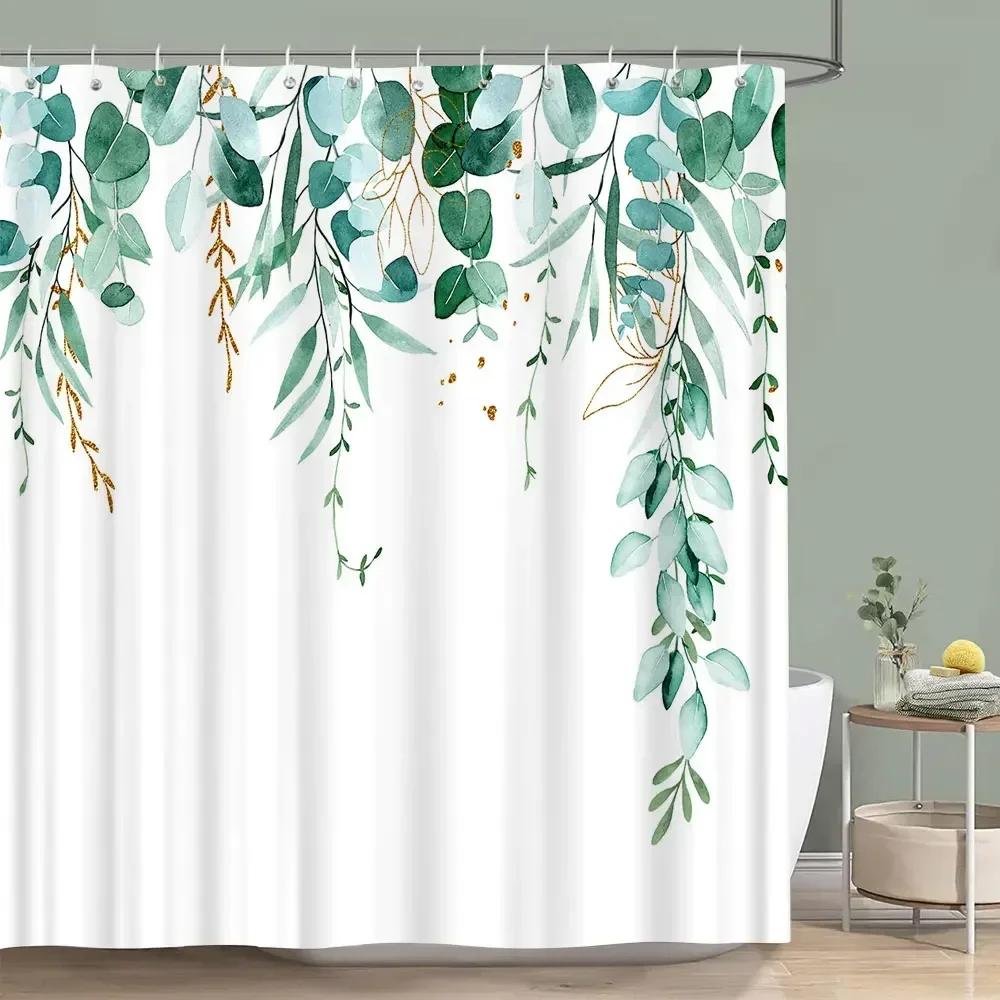 Sage Green Shower Curtain Plant Botanical Eucalyptus Leaf Watercolor Greenery Leaves Floral Bath Curtains Fabric Bathroom Decor