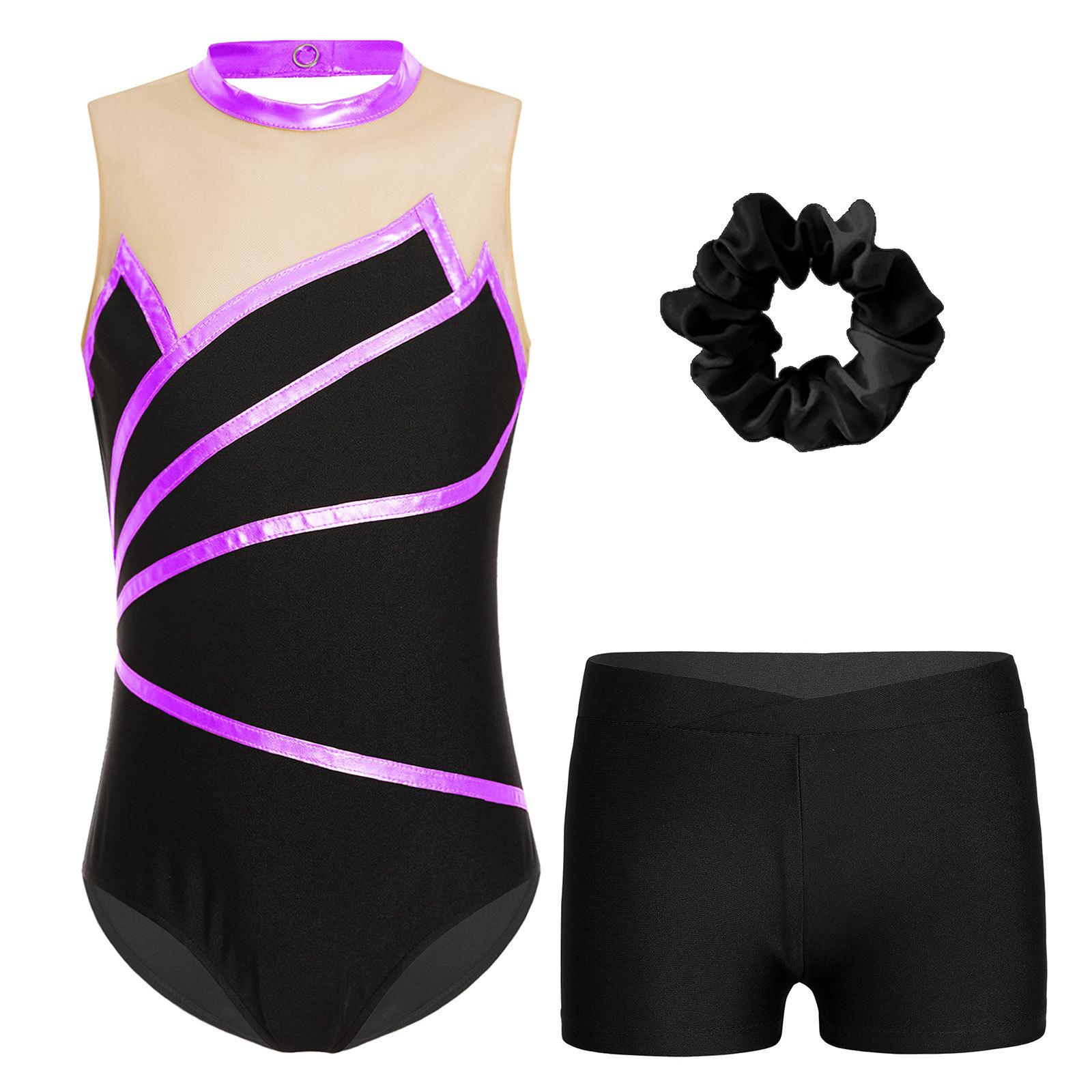 

Kids Girls Gymnastics Set Sleeveless Keyhole Back Leotard V-Front Shorts Hair Tie Workout Outfit 11-12 Years фіолетовий