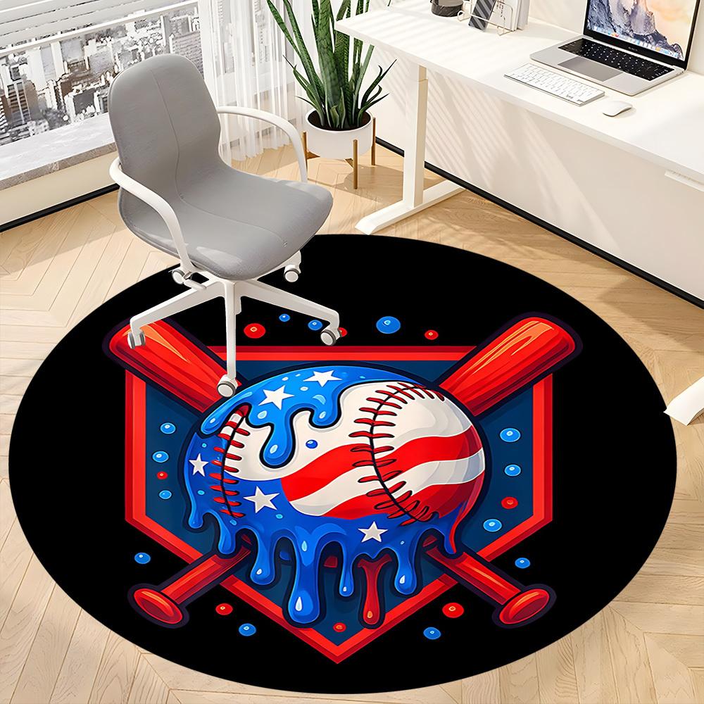 1PC Baseball Stars Office Round Area Rug, Indoor Mat Suitable ForOffice, Under Office Chairs Bedroom Living Room Home Decor, Room Deco, D036