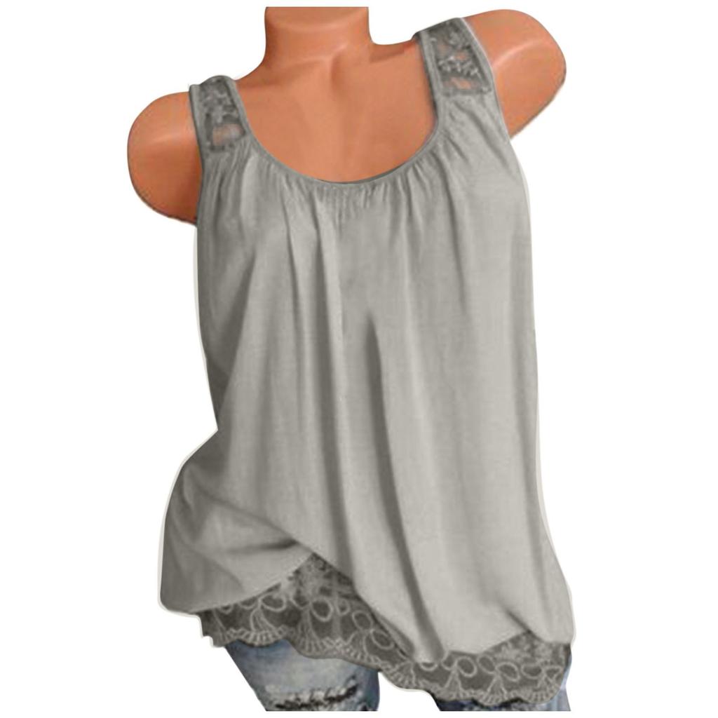 Women Summer 2022 Sleeveless Casual Solid Color O-Neck Lace Hem T-Shirt Tops Blouse
