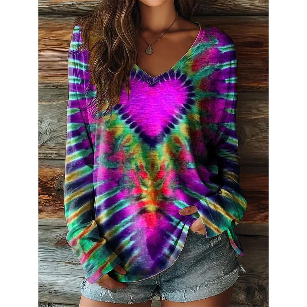 Women's Autumn Long-Sleeve T-Shirt V-Neck Loose Fit Patchwork Style with Irregular Geometric Print Trendy Street-Style Top
