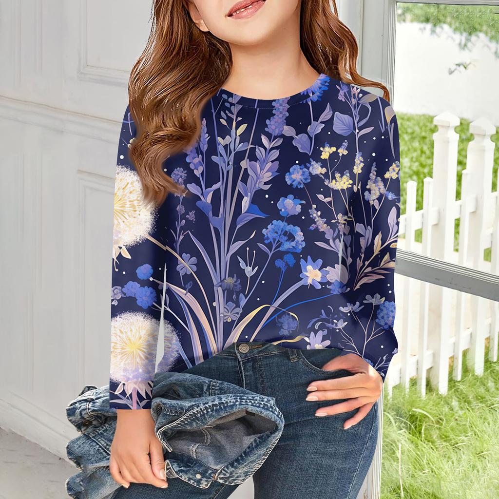 Dívčí trička s dlouhým rukávem Dětské podzimní topy Kulatý výstřih Potištěná základní trička