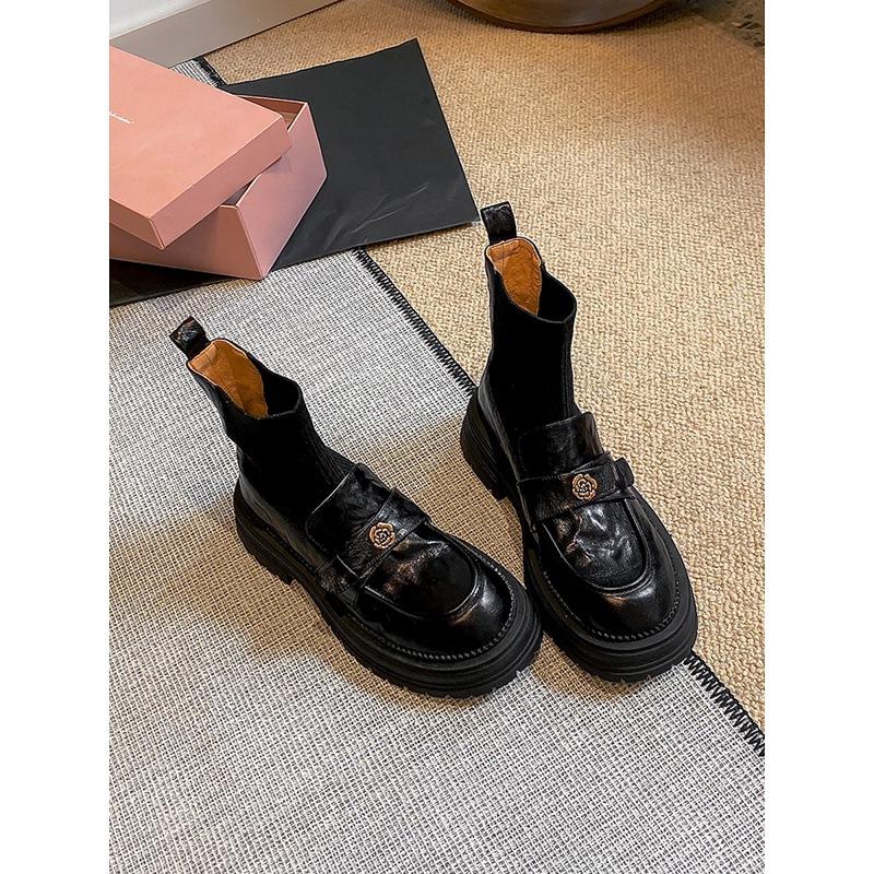 Verze z hovězí kůže Xiaoxiangfeng kaméliová kůže pletené elastické ponožkové boty dámské tenké boty retro silná podrážka britské kotníkové boty