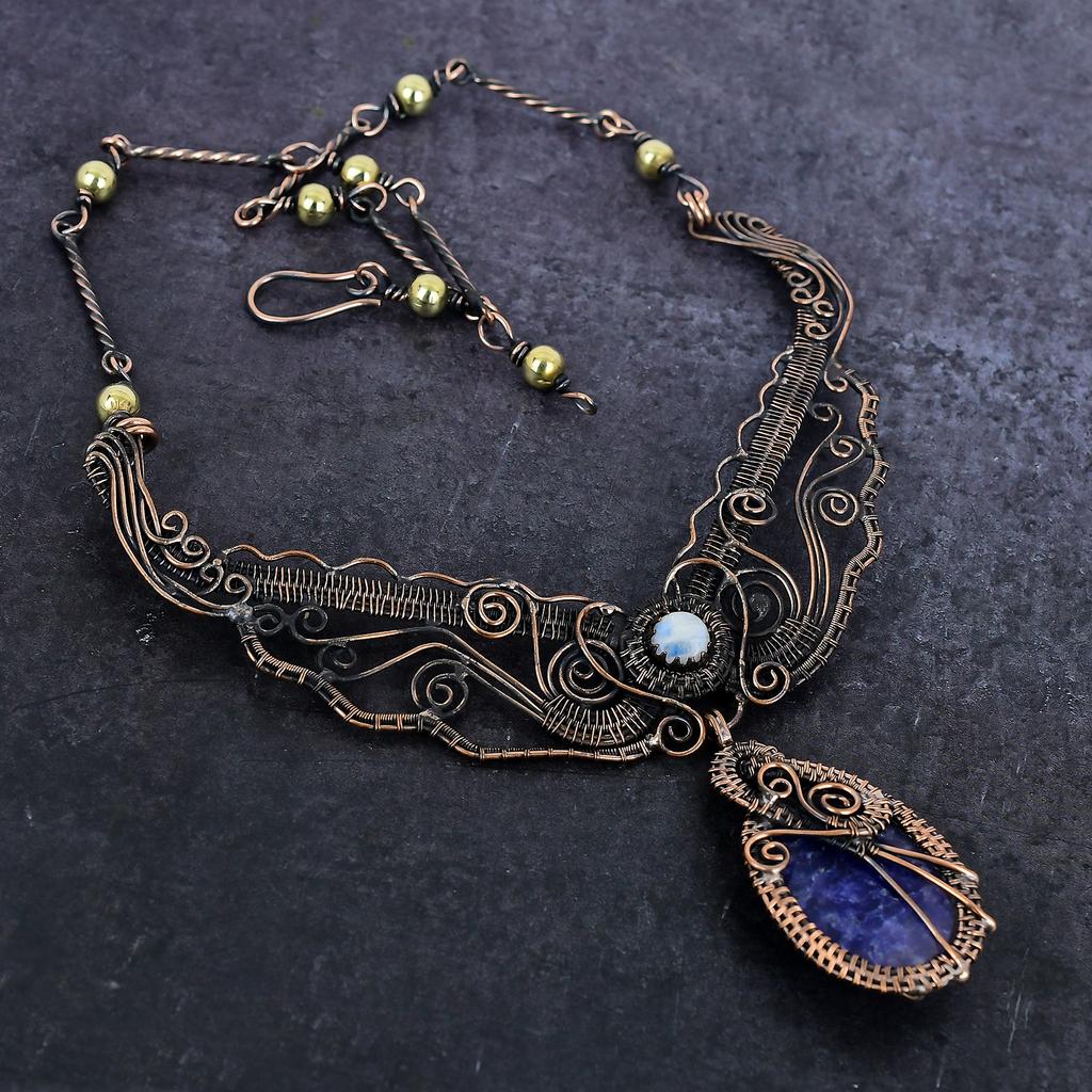 Sodalite, Larimar Gemstone Handmade Copper Wire Wrap Jewelry Necklace 18" n7n60