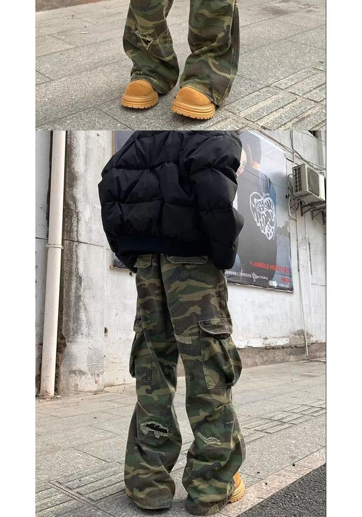 2025 Unisex Camouflage Distressed Micro-Flare Jeans with Multiple Pockets