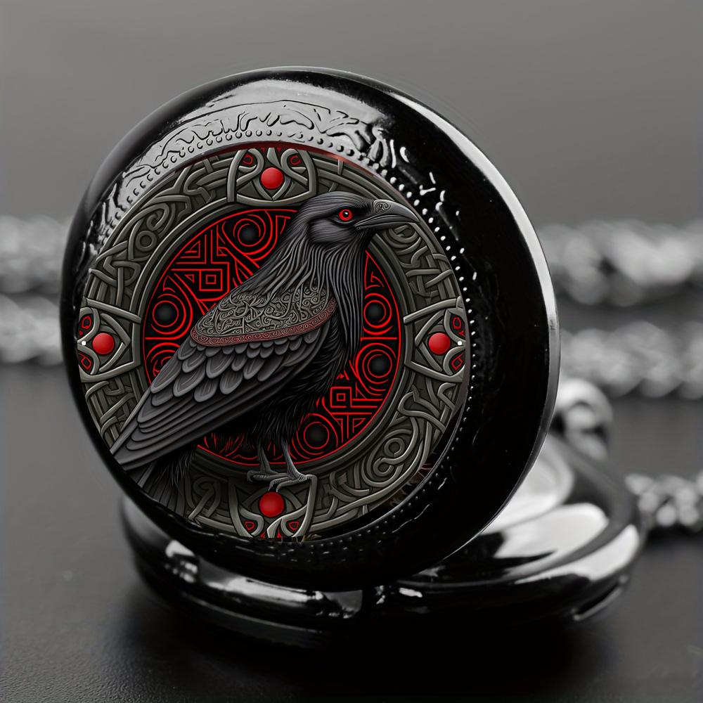 Vintage Style Crow Pocket Watch Quartz Movement Round Dial Black Necklace Souvenir Gift