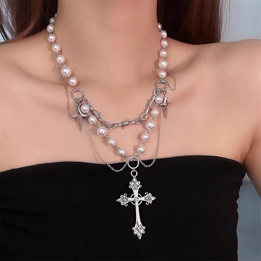 Retro Gotický Náhrdelník Kříž Punkový Styl Vrstvený Svetrový Řetízek Halloweenské Doplňky Náhrdelník z Imitace Perel Sváteční Dárek