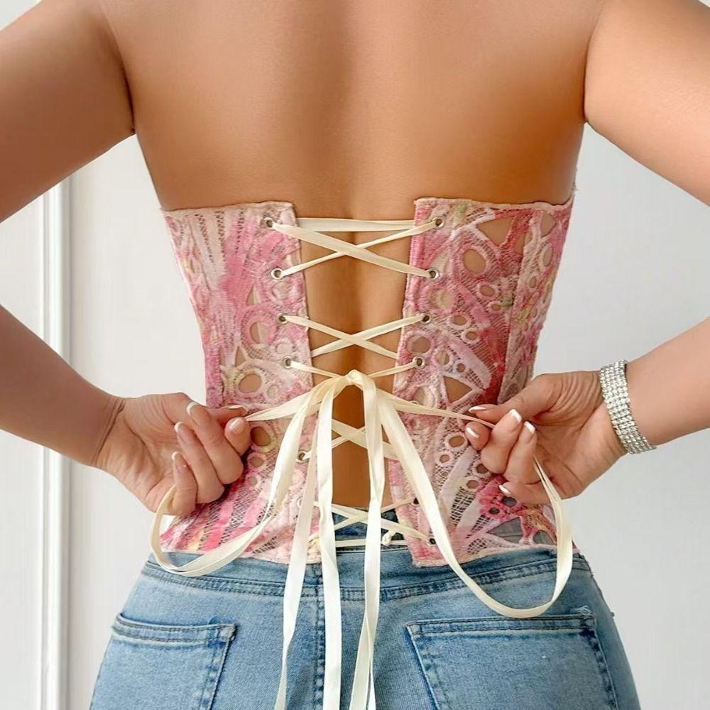 Hollow Flower Underwear for Women Slim Fit Lace-up Corset Sweet Crop Tube Top  Beach