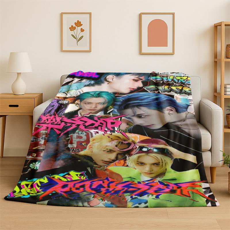 Kpop Stray Kids Music Star Flannel Blanket Soft Warm Throw Blanket for Bedroom Living Room Bed Travel Camping Picnic Gift