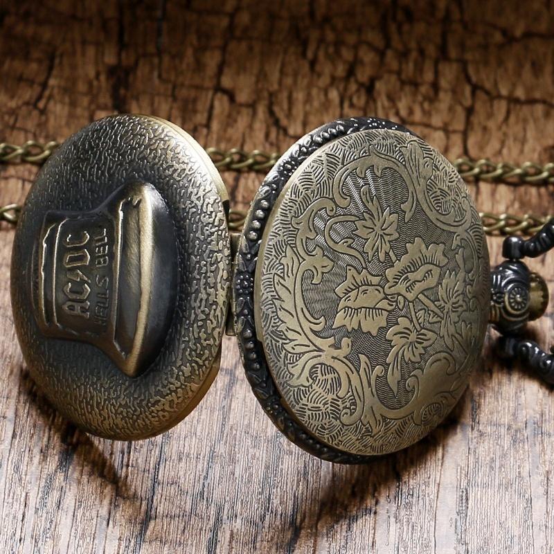 Antique Steampunk ACDC Hells Bell Quartz Pocket Watch Retro Necklace Pendant