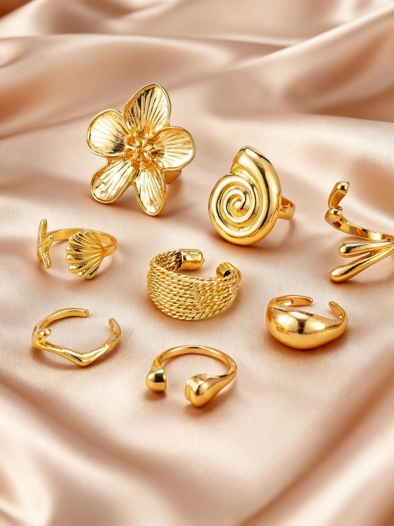 6pcs Set Chic Vintage Gold Plated Geometric Conch Flower Shell Open Ring for Women Daily Wear Party Engagement Jewelry Gifts