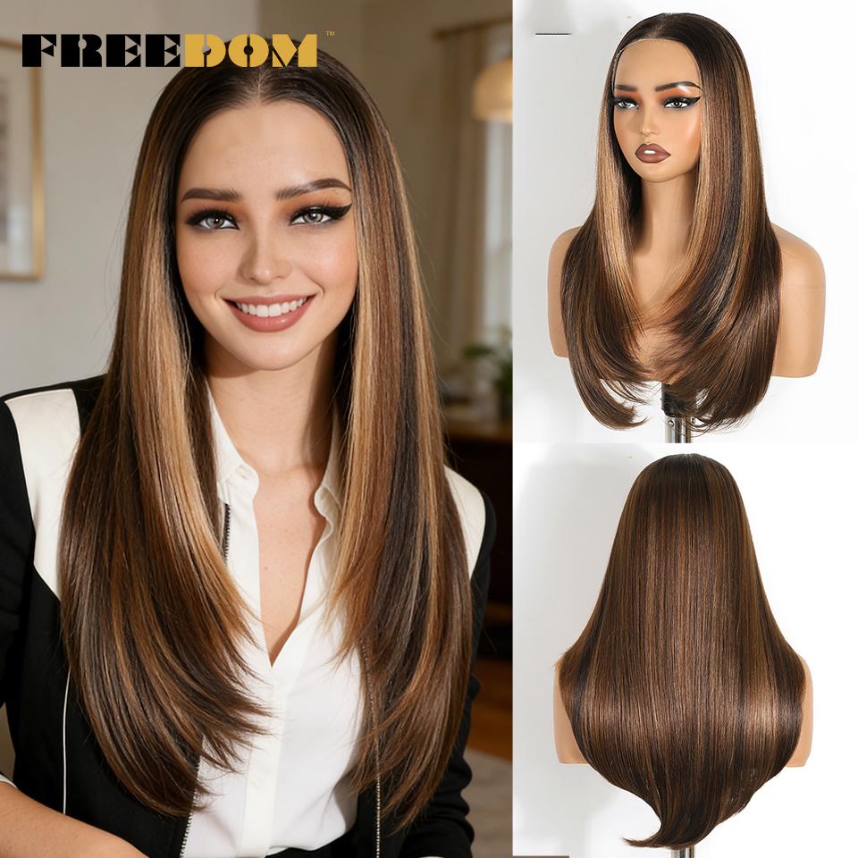 FREEDOM Synthetic Lace Front Wigs For Women 9x6 Pre Plucked Straight Layerd Wig 24" Ombre Blonde Pre Cut Wear And Go Lace Wigs