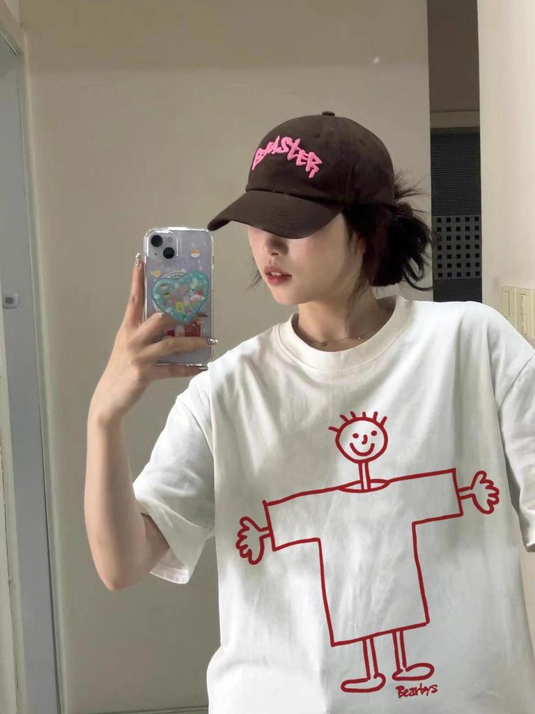 Women's White Cartoon Print Cotton T-Shirt - Loose Fit, Short Sleeves, Summer 2026 Collection