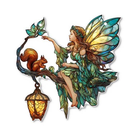 Xmas Tree Door Decorations Fairy & Gnome Christmas Acrylic Suncatcher, 2D Fantasy Elf Dwarf Window Hanging Unique Baubles Decor with Stained