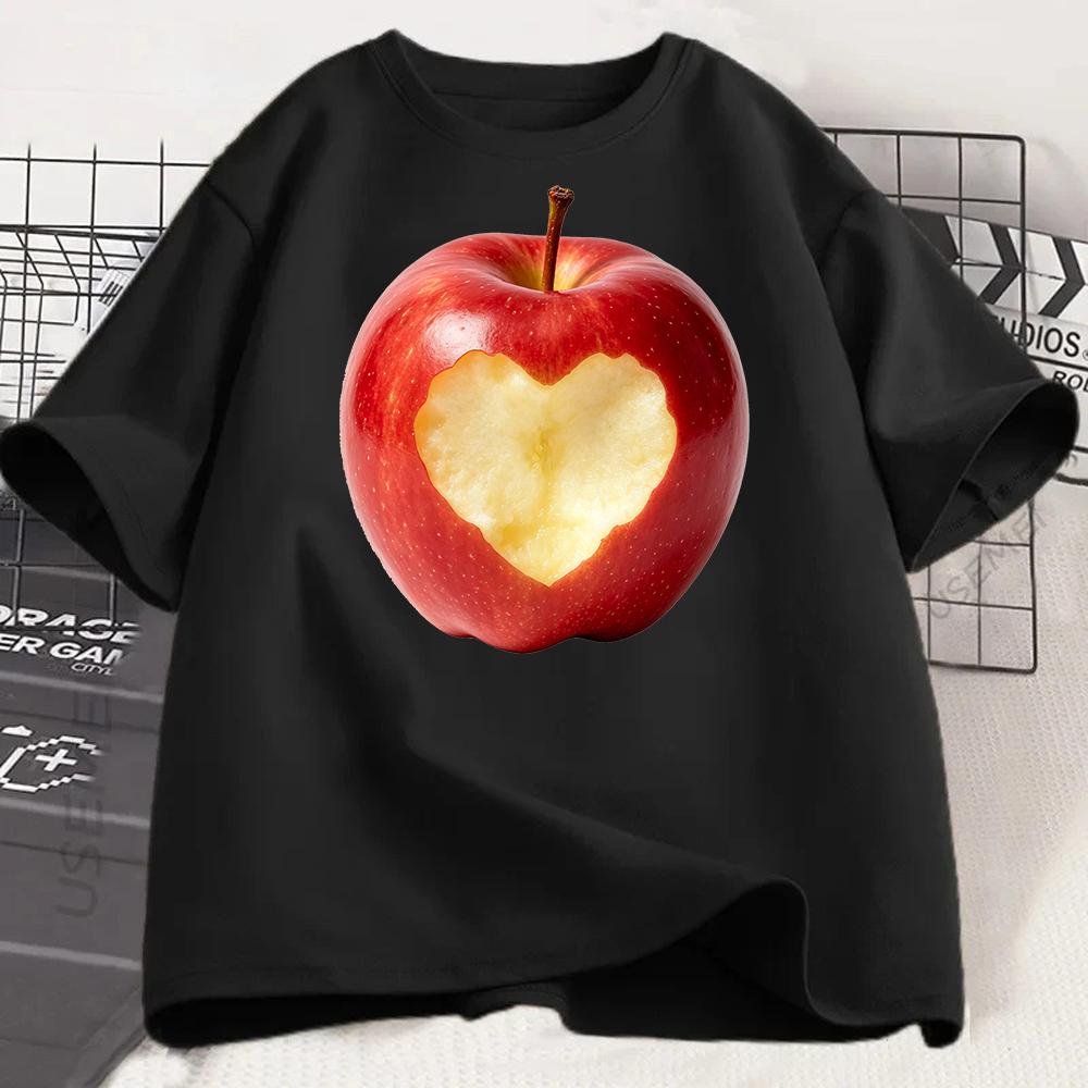 Rotes Apfel Herz Muster Damen T-Shirt Süßes Früchte Grafik T-Shirt Lässig Kurzarm Rundhals Locker Sommer Ästhetisches Oberteil Vintage